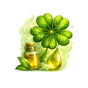 Kleeblatt mit Symbolen für Aromen und Öle