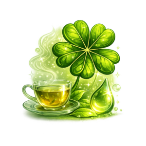 Kleeblatt mit Symbolen für Wasser und Tee